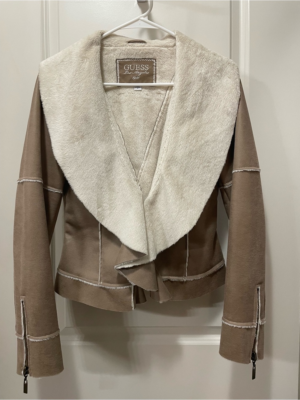GUESS Taupe Suede-Look Jacket with Cream Faux Fur Shawl Collar